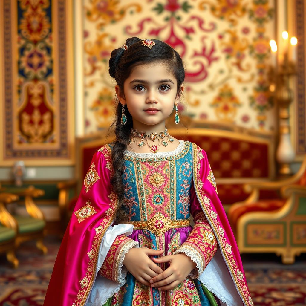 A 9-year-old girl wearing an exquisite Qajar royal dress, intricately designed with vibrant colors and rich textures