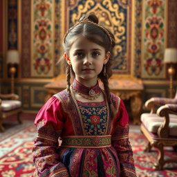A 9-year-old girl wearing an exquisite Qajar royal dress, intricately designed with vibrant colors and rich textures