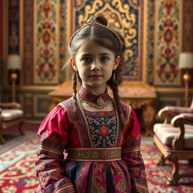 A 9-year-old girl wearing an exquisite Qajar royal dress, intricately designed with vibrant colors and rich textures