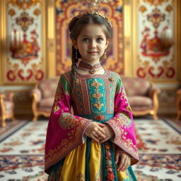 A 9-year-old girl wearing an exquisite Qajar royal dress, intricately designed with vibrant colors and rich textures