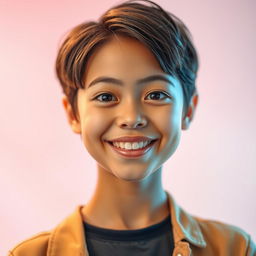 A portrait of an 18-year-old girl with short hair, displaying a vibrant and youthful expression