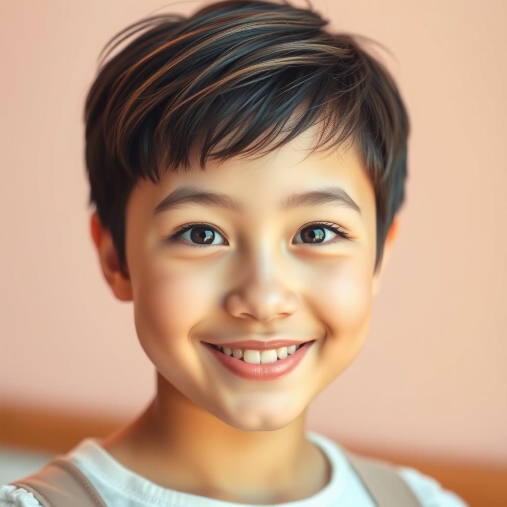A portrait of an 18-year-old girl with short hair, displaying a vibrant and youthful expression