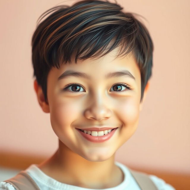 A portrait of an 18-year-old girl with short hair, displaying a vibrant and youthful expression