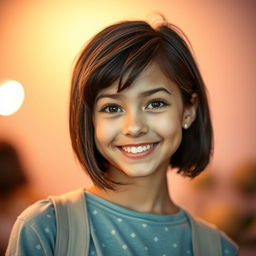 A portrait of an 18-year-old girl with short hair, displaying a vibrant and youthful expression