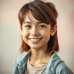 A portrait of an 18-year-old girl with short hair, displaying a vibrant and youthful expression