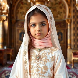 A 9-year-old girl wearing a luxurious Qajar royal outfit made of silk and chiffon, in elegant shades of white and soft pink, with very light green accents