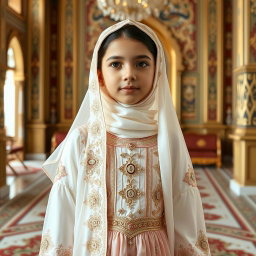 A 9-year-old girl wearing a luxurious Qajar royal outfit made of silk and chiffon, in elegant shades of white and soft pink, with very light green accents