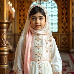 A 9-year-old girl wearing a luxurious Qajar royal outfit made of silk and chiffon, in elegant shades of white and soft pink, with very light green accents