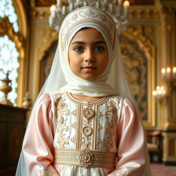 A 9-year-old girl wearing a luxurious Qajar royal outfit made of silk and chiffon, in elegant shades of white and soft pink, with very light green accents