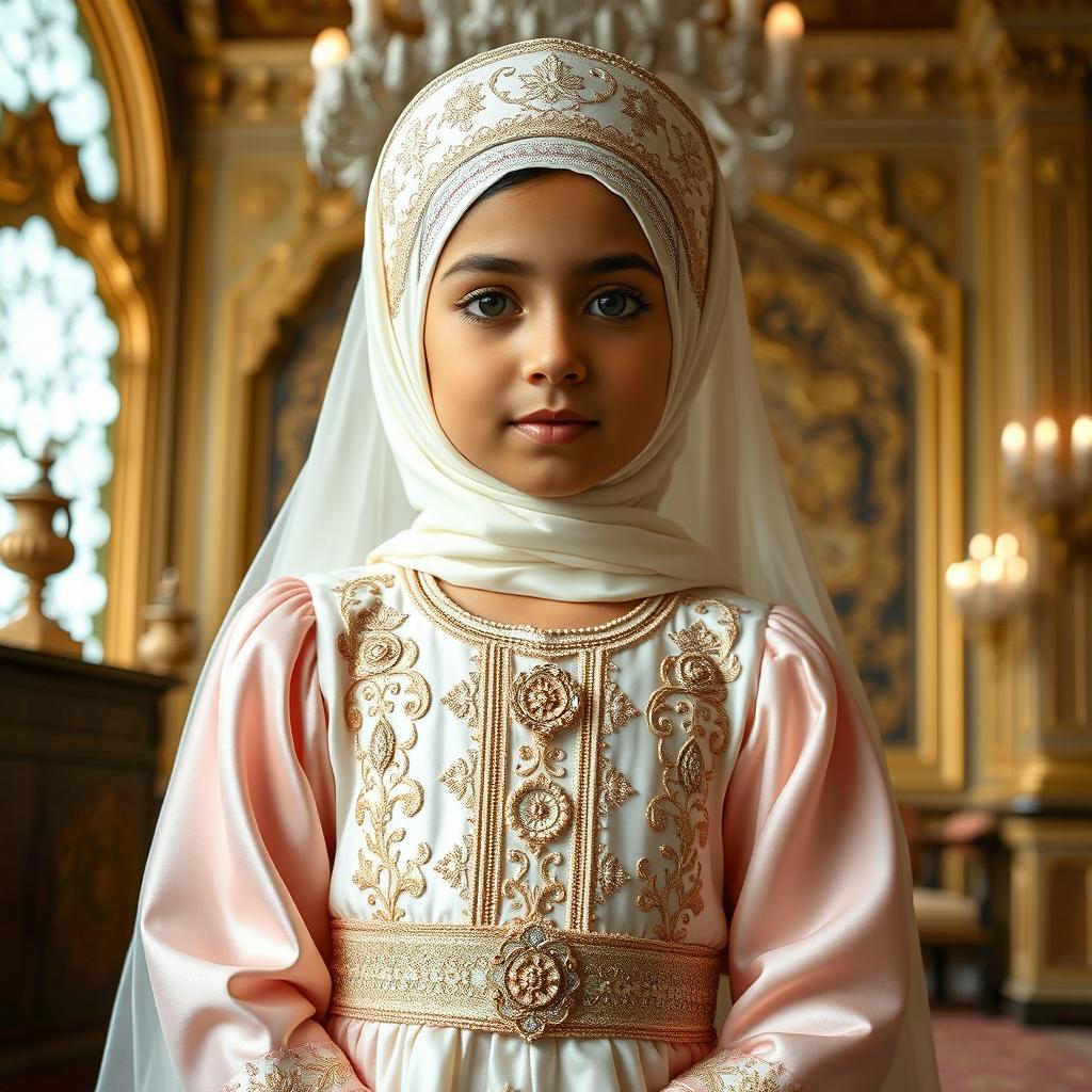 A 9-year-old girl wearing a luxurious Qajar royal outfit made of silk and chiffon, in elegant shades of white and soft pink, with very light green accents