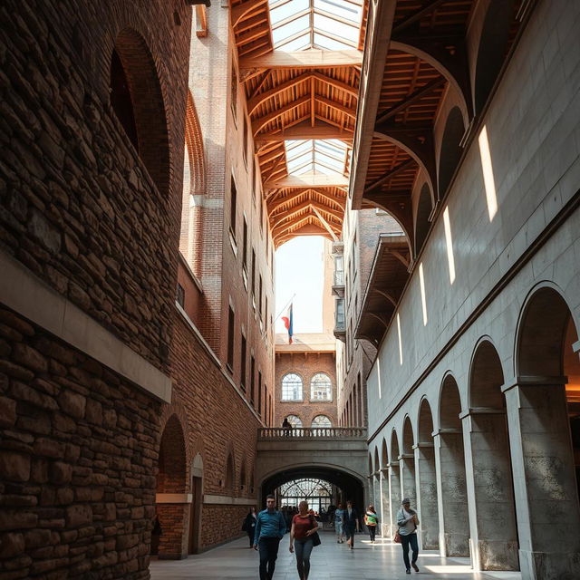 A detailed architectural scene showcasing various textures and perspectives, highlighting elements like rough brick walls, smooth concrete surfaces, and intricate wood detailing