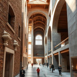 A detailed architectural scene showcasing various textures and perspectives, highlighting elements like rough brick walls, smooth concrete surfaces, and intricate wood detailing