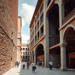 A detailed architectural scene showcasing various textures and perspectives, highlighting elements like rough brick walls, smooth concrete surfaces, and intricate wood detailing