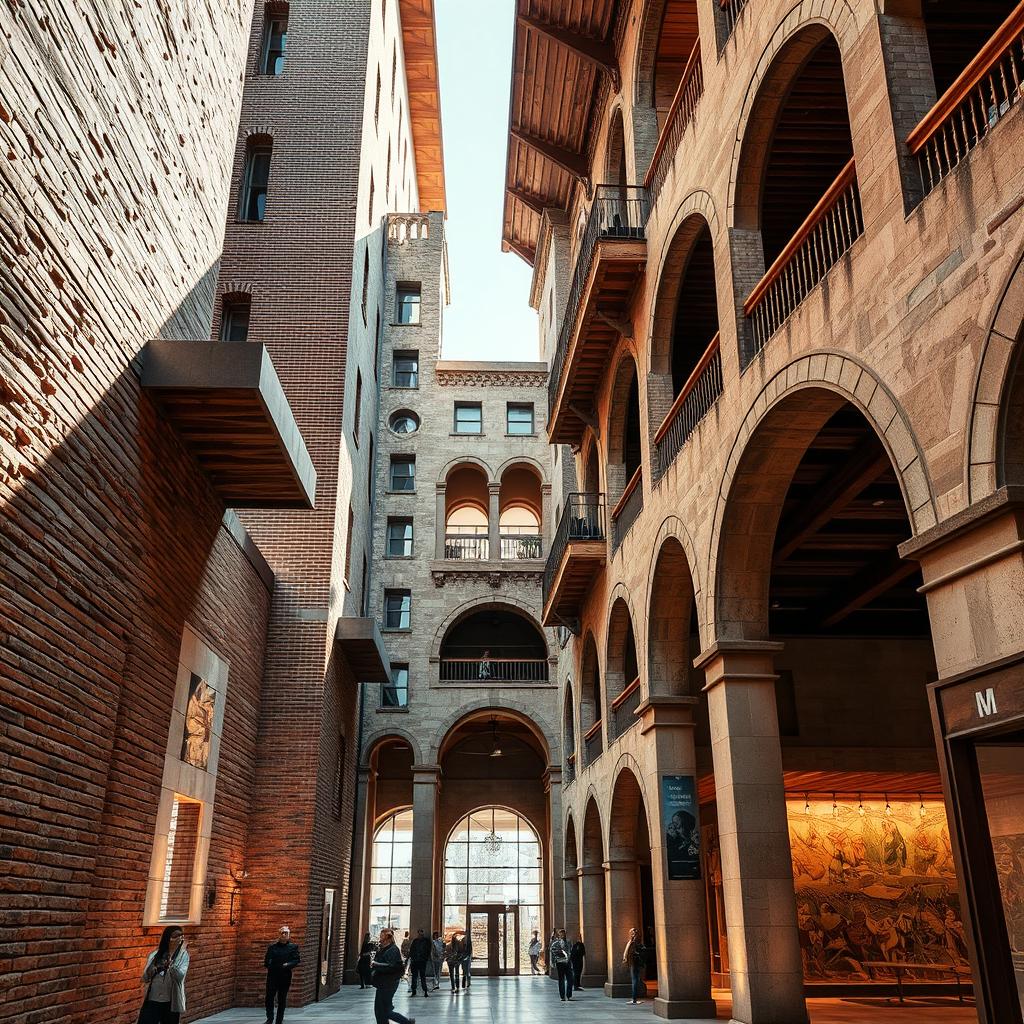 A detailed architectural scene showcasing various textures and perspectives, highlighting elements like rough brick walls, smooth concrete surfaces, and intricate wood detailing