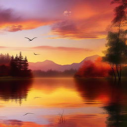 A high-quality digital art featuring a beautiful landscape at sunset