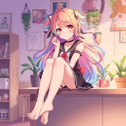 Anime girl sitting with her bare feet casually resting on a table, wearing a stylish outfit, bright and colorful hair flowing, with a playful expression
