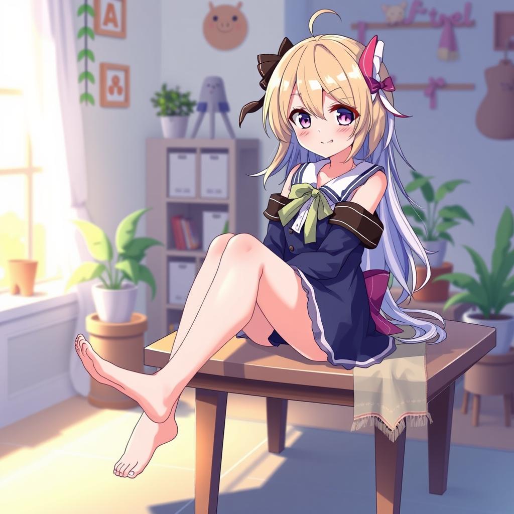 Anime girl sitting with her bare feet casually resting on a table, wearing a stylish outfit, bright and colorful hair flowing, with a playful expression