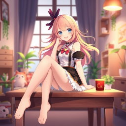 Anime girl sitting with her bare feet casually resting on a table, wearing a stylish outfit, bright and colorful hair flowing, with a playful expression