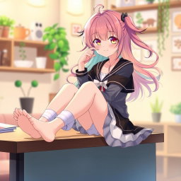 Anime girl sitting with her bare feet casually resting on a table, wearing a stylish outfit, bright and colorful hair flowing, with a playful expression