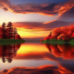 A high-quality digital art featuring a beautiful landscape at sunset