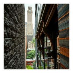 A stunning architectural scene that showcases different types of textures and perspectives, including intricate details such as rough stone walls, smooth glass facades, and ornate wooden elements