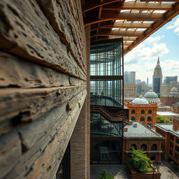 A stunning architectural scene that showcases different types of textures and perspectives, including intricate details such as rough stone walls, smooth glass facades, and ornate wooden elements