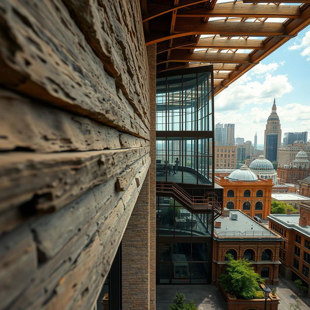 A stunning architectural scene that showcases different types of textures and perspectives, including intricate details such as rough stone walls, smooth glass facades, and ornate wooden elements