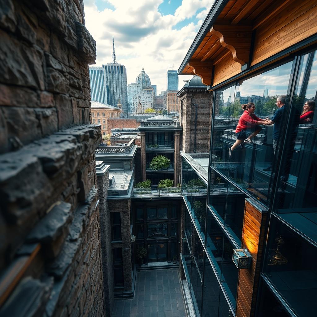 A stunning architectural scene that showcases different types of textures and perspectives, including intricate details such as rough stone walls, smooth glass facades, and ornate wooden elements