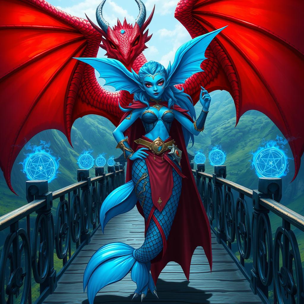 A female merfolk character, with vibrant blue skin, showcasing her badass wizard persona