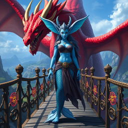 A female merfolk character, with vibrant blue skin, showcasing her badass wizard persona