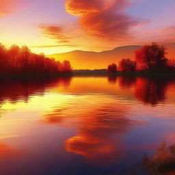 A high-quality digital art featuring a beautiful landscape at sunset