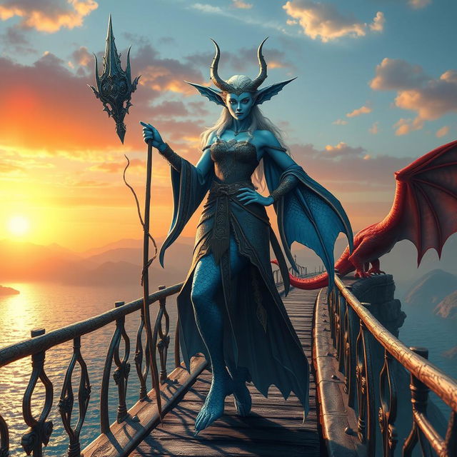 A powerful female merfolk wizard standing confidently on a majestic bridge, showcasing her striking blue skin and large, elegant fish fins protruding from her arms and legs