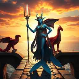 A powerful female merfolk wizard standing confidently on a majestic bridge, showcasing her striking blue skin and large, elegant fish fins protruding from her arms and legs