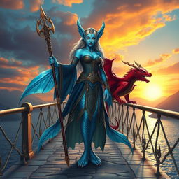A powerful female merfolk wizard standing confidently on a majestic bridge, showcasing her striking blue skin and large, elegant fish fins protruding from her arms and legs