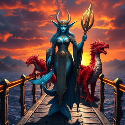 A powerful female merfolk wizard standing confidently on a majestic bridge, showcasing her striking blue skin and large, elegant fish fins protruding from her arms and legs