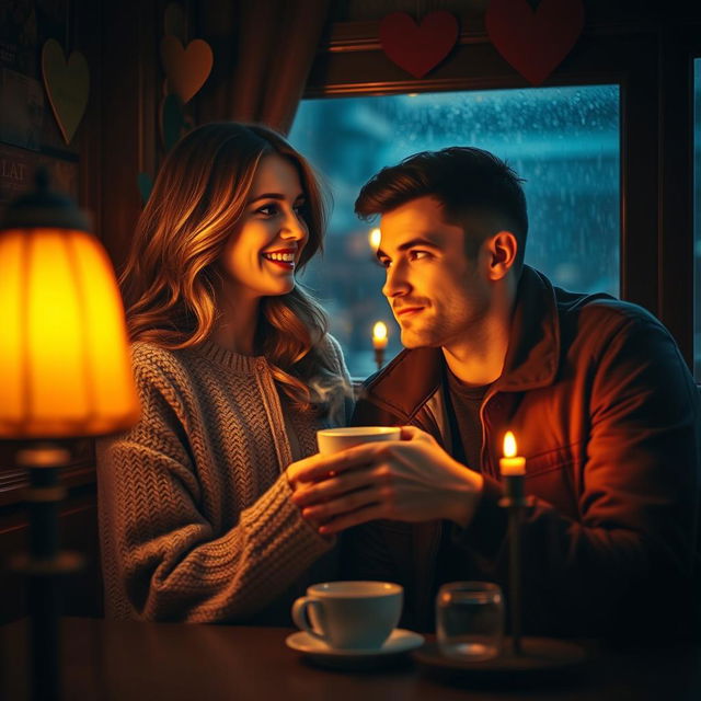 A romantic drama scene set in a cozy, dimly-lit café featuring a couple sharing an intimate moment over coffee