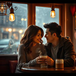 A romantic drama scene set in a cozy, dimly-lit café featuring a couple sharing an intimate moment over coffee