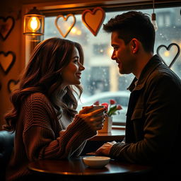 A romantic drama scene set in a cozy, dimly-lit café featuring a couple sharing an intimate moment over coffee