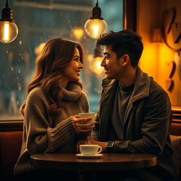 A romantic drama scene set in a cozy, dimly-lit café featuring a couple sharing an intimate moment over coffee