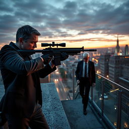 A dramatic, action-packed scene depicting a professional assassin named Leon in a sleek, dark suit taking aim with a high-tech sniper rifle from a rooftop