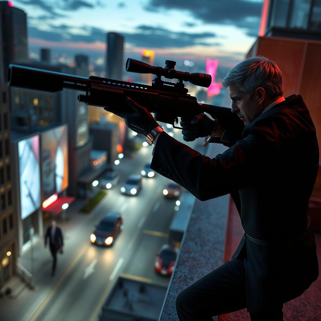A dramatic, action-packed scene depicting a professional assassin named Leon in a sleek, dark suit taking aim with a high-tech sniper rifle from a rooftop