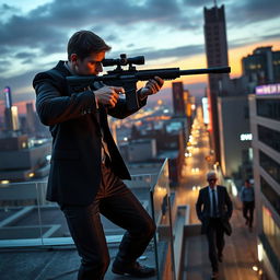 A dramatic, action-packed scene depicting a professional assassin named Leon in a sleek, dark suit taking aim with a high-tech sniper rifle from a rooftop