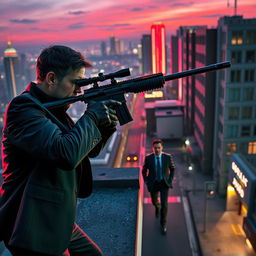 A dramatic, action-packed scene depicting a professional assassin named Leon in a sleek, dark suit taking aim with a high-tech sniper rifle from a rooftop