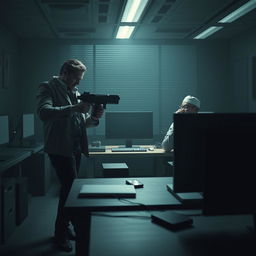 A dramatic and suspenseful scene depicting a mysterious assassin named Leon preparing to execute a high-stakes plan to take down an influential tech leader, Tim Cook