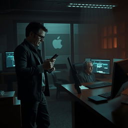 A dramatic and suspenseful scene depicting a mysterious assassin named Leon preparing to execute a high-stakes plan to take down an influential tech leader, Tim Cook
