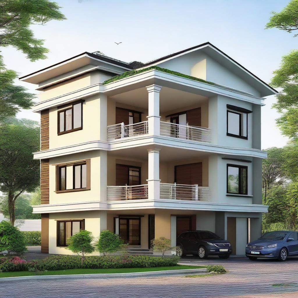 A beautiful two-story Assam design house with a sheet on the first floor and a balcony area.