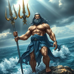 A powerful god of the sea with a muscular physique and a majestic presence, holding a glistening trident