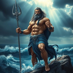 A powerful god of the sea with a muscular physique and a majestic presence, holding a glistening trident