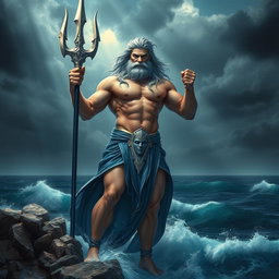 A powerful god of the sea with a muscular physique and a majestic presence, holding a glistening trident