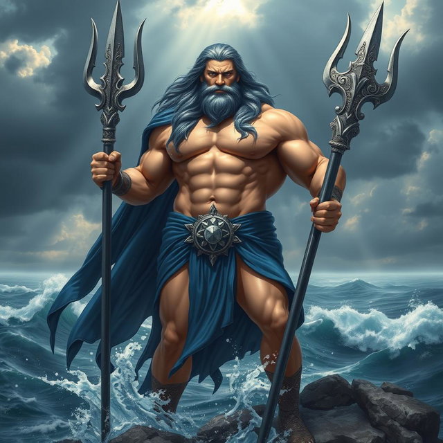 A powerful god of the sea with a muscular physique and a majestic presence, holding a glistening trident